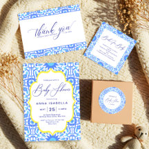 Italian Blue Tile Script Baby Shower Collection