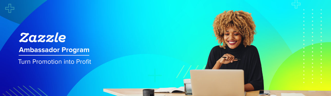 Banner promocional para o Programa de Embaixadores da Zazzle. À esquerda, o texto branco em negrito sobre um gradiente de azul para azul-turquesa diz “Programa de Embaixadores da Zazzle - Transforme a promoção em lucro”. 
