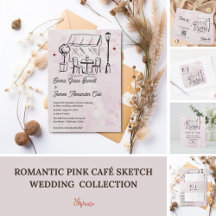 Romantic Pink Café Sketch Wedding Stationery Suite