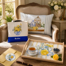 Chinoiserie Blue & White Teapot with Yellow Roses 