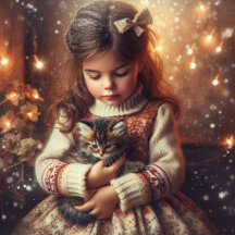 Cute Vintage Girl and Kitten Christmas Holiday