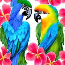 Colorful Parrots with Tropical Flowers