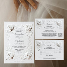 Faux Embossed Roses Elegant Script Wedding Cards