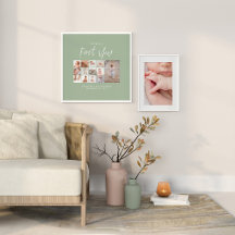 Babies first year photo collage script blue modern