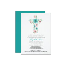 Watercolor Teal Floral Cross First Communion