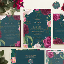 Emerald green Watercolor floral roses Wedding