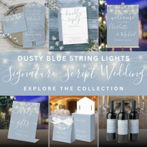 Dusty Blue String Lights Signature Script Wedding 