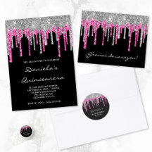 Hot Pink Silver Glitter Drips Black Quinceañera