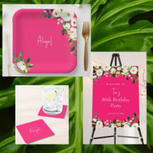 Hot Pink White Floral 80th Birthday Party Suite