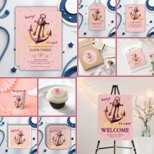 Modern Pink Ahoy! Anchor Nautical Baby Shower