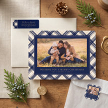 Navy Plaid Merry Christmas Family Photo