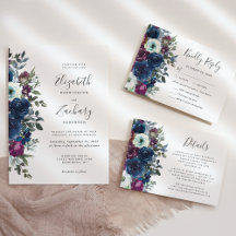Watercolor Floral Plum Navy Blue Wedding Suite