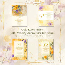 Gold Roses Violets 50th Anniversary Invitations