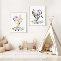 Woodland Animals, Purple Flowers Nursery Prints