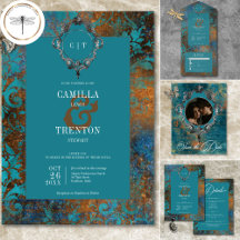 Gothic Antique Teal Gold Damask Wedding