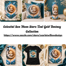  Celestial Sun Moon Stars Teal Gold Fantasy