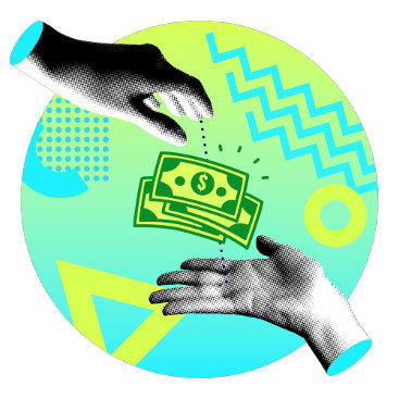 Ilustração de uma mão a passar dinheiro a outra, simbolizando a preferência da Zazzle em pagar diretamente aos criadores e embaixadores.