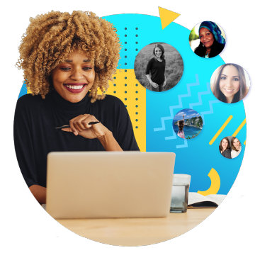 Uma mulher sorridente trabalha num computador portátil, rodeada por fotografias de perfil circulares de diversos indivíduos - simbolizando o investimento da Zazzle nos criadores centrado na comunidade.