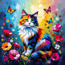 Impasto Colorful Cats, Flowers and Butterflies