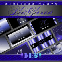 Business Cards Monogram Blue Luxe Glam Glitter