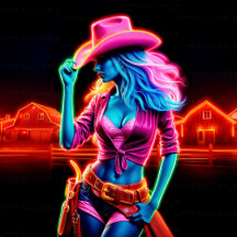 Neon Cowgirl in Glowing Pink Hat Standing on Ranch
