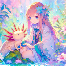 Beautiful Anime Girl and Axolotl 