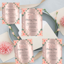 Modern Glitter Drips Floral Rose Gold Birthday