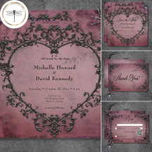 Gothic Black & Burgundy Filigree Heart Wedding