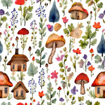 Cottage Core Whimsical Flowers and Mushrooms 