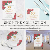 50th Wedding Anniversary Watercolor Red Poinsettia