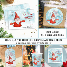 Cute Red Christmas Gnome on Snowy Blue Background