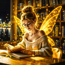 Magical Fairy Reading by Night in a Cozy Library