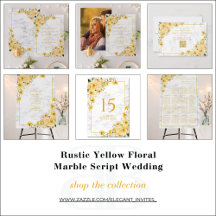Rustic Yellow Floral Marble Script Wedding