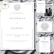 Minimal Typography Black & White Seashell Wedding