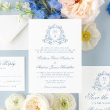 Elegant Blue Floral Crest Monogram Wedding