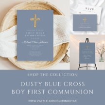 Dusty Blue Cross Boy First Communion Invitation