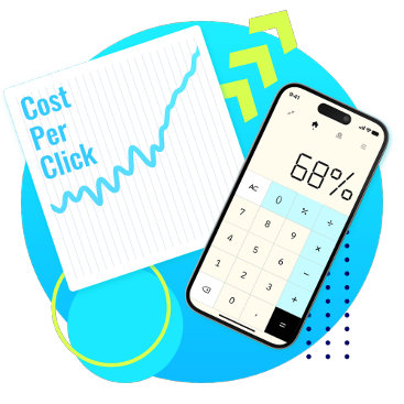 Ilustração de um gráfico de custo por clique crescente ao lado de uma calculadora de smartphone que apresenta “68%”, simbolizando o aumento dos custos de publicidade da Zazzle.
