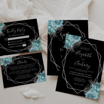 Aqua Floral Silver Geometric Black Wedding Suite