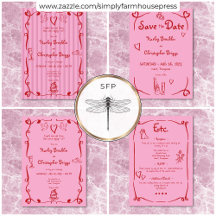 Whimsical Retro Hand Drawn Pink Red Wedding