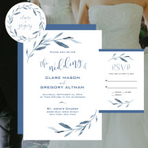 Blue and White Watercolor Leaves Wedding