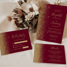 Gold Glitter Burgundy Red Script Wedding Suite