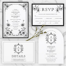 Vintage black,white floral crest monogram wedding