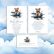 Teddy Bear Airplane Watercolor Boy Baby Shower