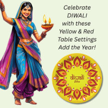 Happy Diwali Add Year Yellow Red Table Settings