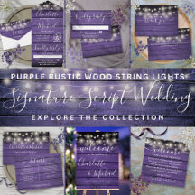 Purple Rustic Wood String Lights Script Wedding 