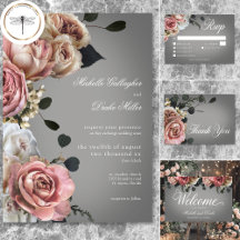 Elegant Pink White Floral Roses Gray Wedding