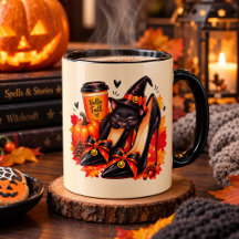 Cute black cat withe heel and autumn 