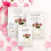 Vintage Pitcher and Pink Roses Wedding Invitations