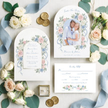 Watercolor Pink, White & Blue Roses & Ribbon Arch