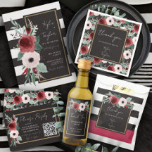 Black & White Stripe Magenta Floral Gold Wedding